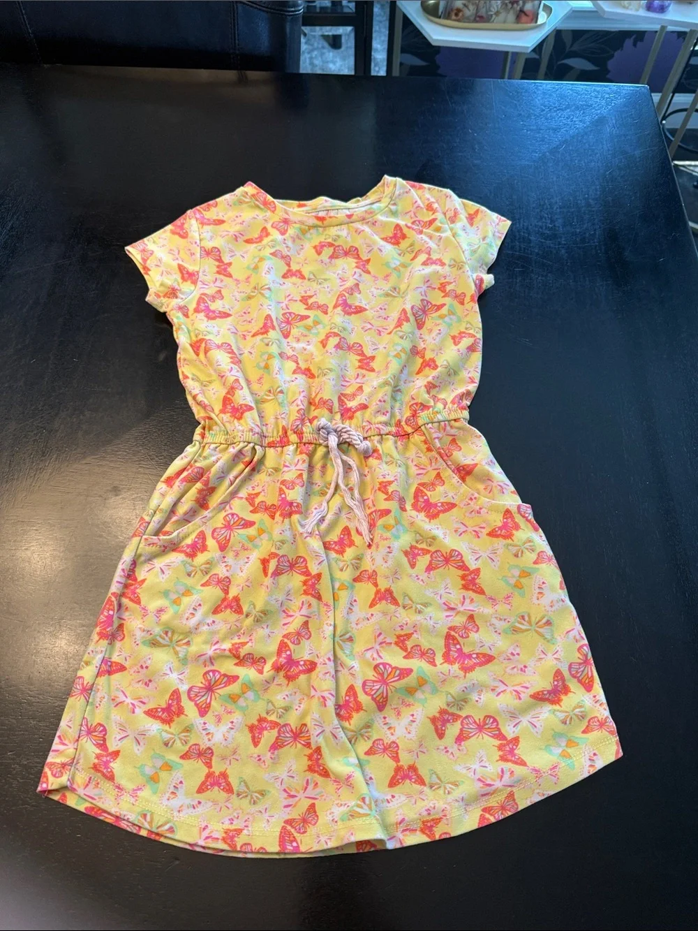 Girls Yellow Butterfly Print Drawstring Dress